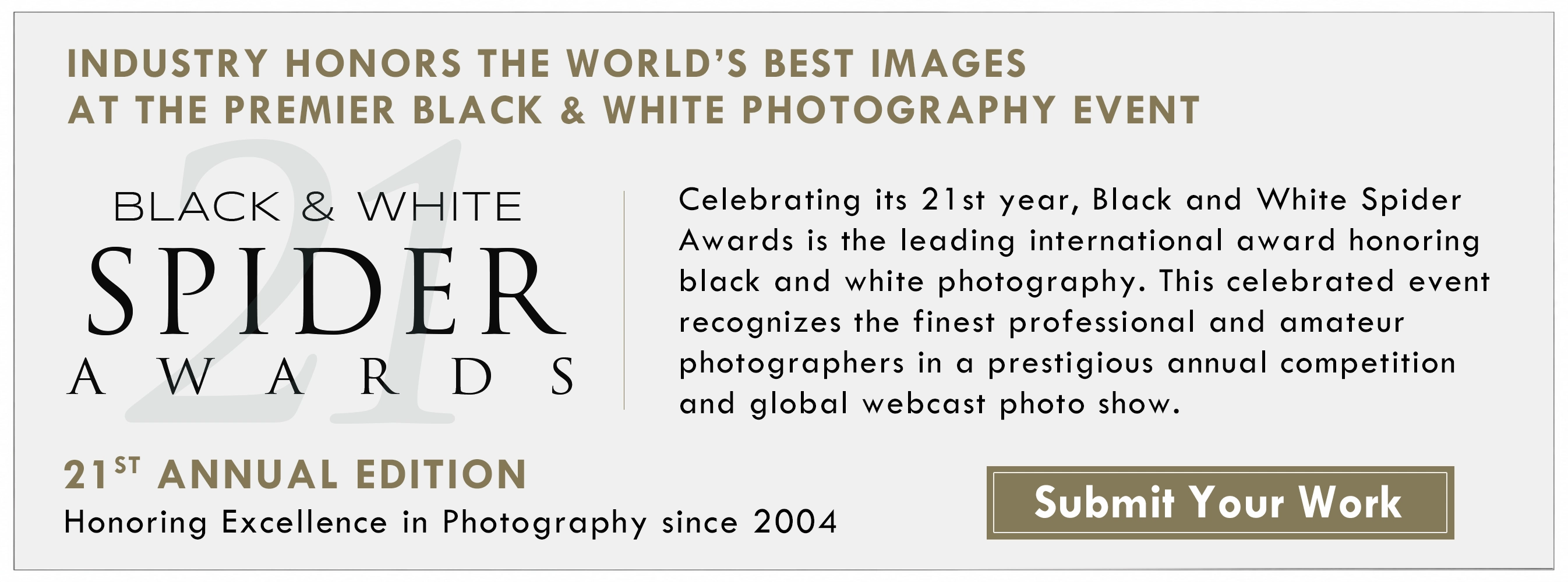 Black & White Spider Awards is a prestigious photography competition celebrating the essence of fine art photography through visual storytelling. Open to both professional and amateur photographers worldwide, the contest invites artists to submit images that capture the diverse cultural, historical, and everyday aspects of American life.